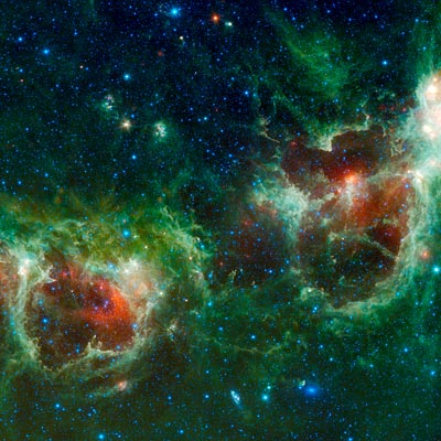 Image of the Heart and Soul Nebuas as seen by NASA's Wide-field Infrared Survey Explorer (WISE)