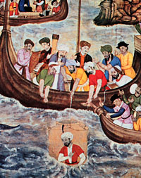 16th century Islamic painting of Alexander the Great lowered in a glass diving bell