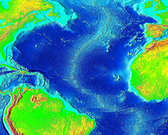 A bathymetric map image of the Mid-Atlantic Ridge