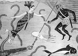 Painting of Scyllias and his daughter Cyana diving for treasure