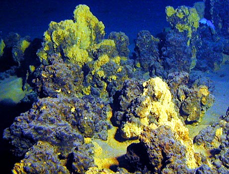 NOAA Image of mineral-rich chimneys of rock on the ocean floor