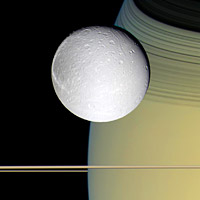 Cassini view of Dione with Saturn in the background