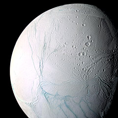 Cassini enhanced color view of Enceladus showing ice fractures