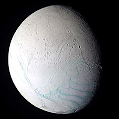 Cassini enhanced color view of Enceladus showing ice fractures