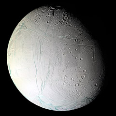 Cassini enhanced color view of Enceladus showing ice fractures