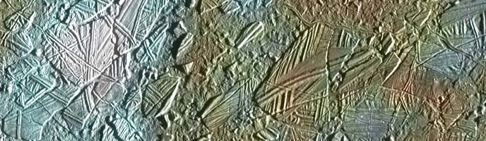 Galileo close-up image of a small region of thin, disrupted, ice crust in the Conamara region of Jupiter's moon Europa showing the interplay of surface color with ice structures