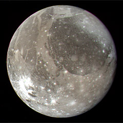 Voyager 2 image of Ganymede showing bright impact craters