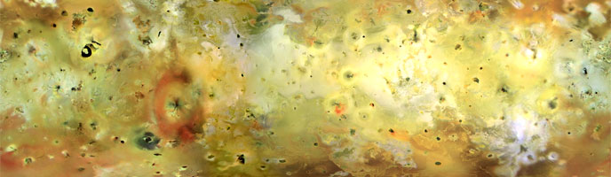 This mosaic image of Io's surface was assembled from images acquired by the Voyager 1 and Galileo spacecraft