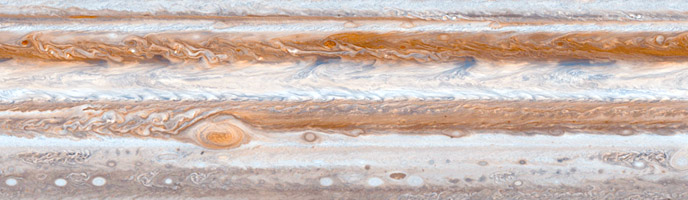 Voyager 2 mosaic image of Jupiter's cloud bands showing details