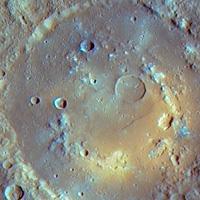 Messenger enhanced color image of Praxiteles crater on Mercury showing crater details