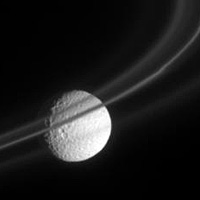 Cassini color image of Mimas behind Saturn's delicate F-ring