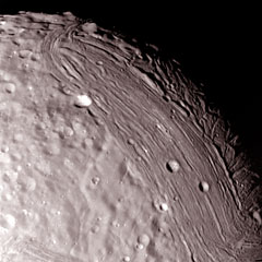 Voyager 2 close-up of Miranda showing surface details