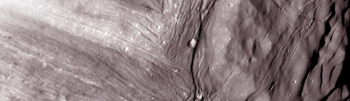 This close-up image of Miranda shows its diverse surface features