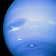 Voyager 2 close-up of Neptune showing cloud details and the great dark spot