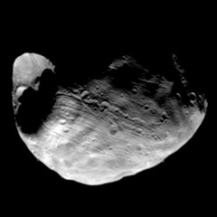 Viking spacecraft image of Phobos showing large Stickney crater on the left