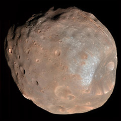 Mars Global Surveyor image of Phobos showing light colored material
