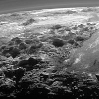 Close-up of Pluto showing ice mountain ranges