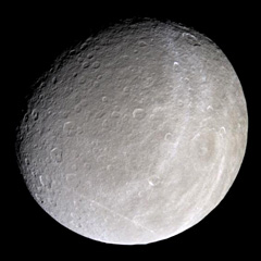 Cassini image of Rhea showing light colored ice fractures 