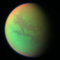 False color radar image of Titan showing surface features