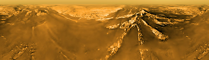 Panoramic view of the surface of Titan as seen by the European Space Agency's Huygens probe