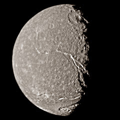 Voyager 2 view of Titania showing craters and rift valleys