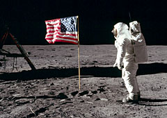 Image of astronaut Buzz Aldrin on the Moon with the American flag