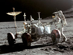 Image of astronaut James Irwin with the Lunar Roving Vehicle on the Moon