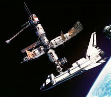 Image of Space Shuttle Atlantis docked with the Mir space station
