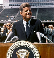Image of President John F. Kennedy delivering his speech at Rice University