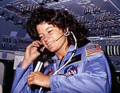 Image of US asytonaut Sally Ride on board the Space Shuttle