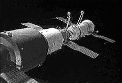 Image of Salyut 1 with docked Soyuz 10 spacecraft