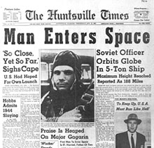Image of newspaper showing Yuri Gagarin as first man in space