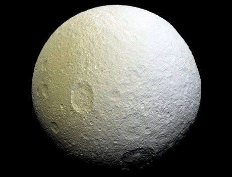 Image of Saturn's icy moon Tethys captured by NASA's Cassini spacecraft 