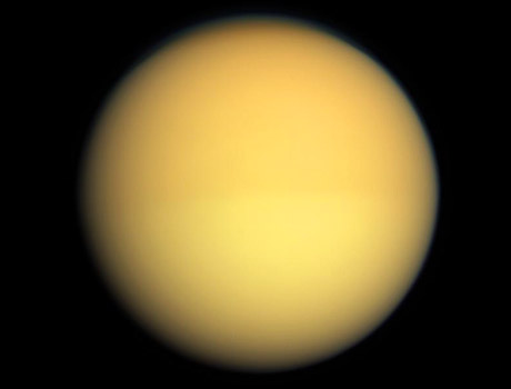 Image of the smoggy, fuzzy atmosphere of Saturn's largest moon, Titan