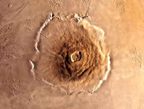 Close-up image of Olympus Mons, the largest volcano and tallest mountain on Mars and is also the largest known volcano in the Solar System