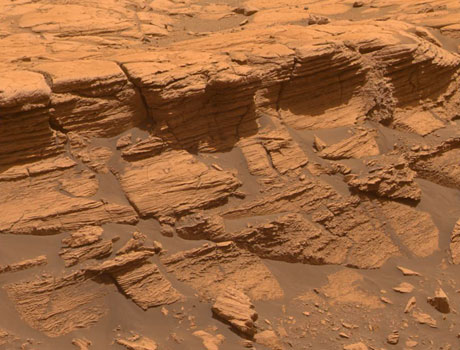Image from the Mars Exploration Rover Opportunity showing layered rocks in a ledge named "Payson" on the edge of Erebus Crater on Mars