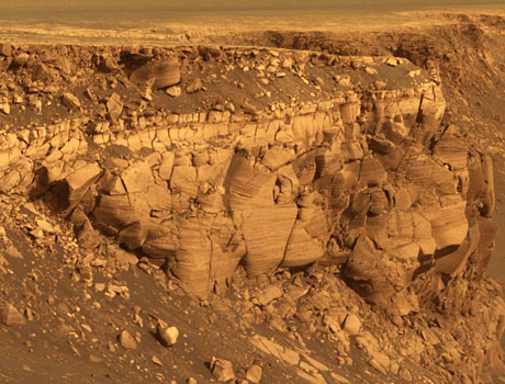 Image from the Mars Exploration Rover Opportunity showing a rock ledge on the edge of Victoria Crater on Mars