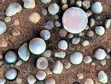 Image from NASA's Opportunity rover showing small spherules on the surface of Mars