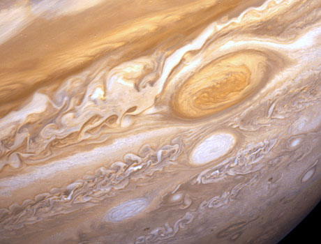 Close-up image of Jupiter taken by NASA's Voyager 2 spacecraft showing cloud formations and the great red spot