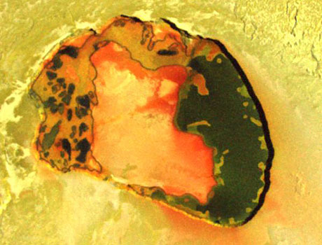 Close-up image of a volcano on Jupiter's moon Io taken by NASA's Galileo spacecraft