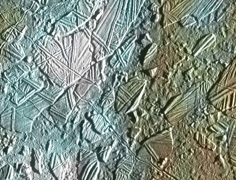 Close-up image of Jupiter's moon Europa showing ice crust