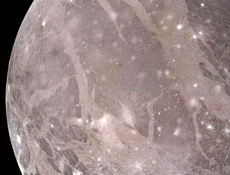 Close-up image of Jupiter's moon Ganymede taken by NASA's Voyager 2 spacecraft during its encounter in 1979