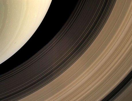 Close-up image of Saturn showing part of the planet's southern hemisphere and a section of the rings