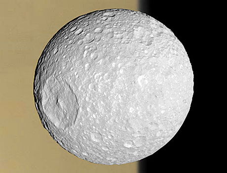 Image of Saturn's moon Mimas taken by NASA's Cassini spacecraft, showing the giant crater called Herschel