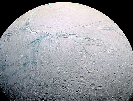 Image of Saturn's icy moon Enceladus taken by NASA's Cassini spacecraft, showing its many cracks and fissures