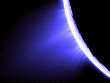 Image of Saturn's moon Enceladys taken by NASA's Cassini spacecraft, showing ice geysers erupting from the surface