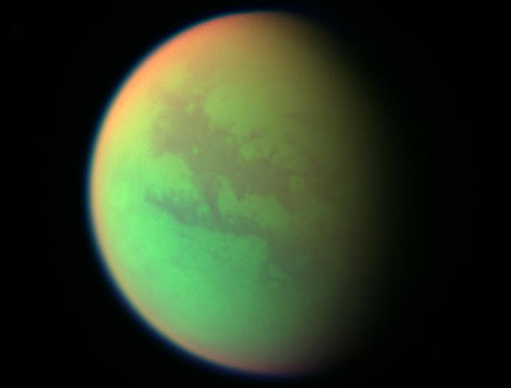 False-color composite image of Saturn's moon Titan created from images acquired by NASA's Cassini spacecraft