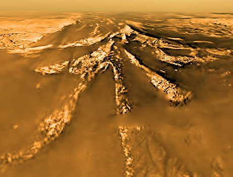 Image of hills and valleys on the surface of Saturn's moon Titan, taken by the European Space Agency's Huygens probe