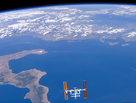 STS-118 image of the International Space Station (ISS) in orbit over the Mediterranean Sea